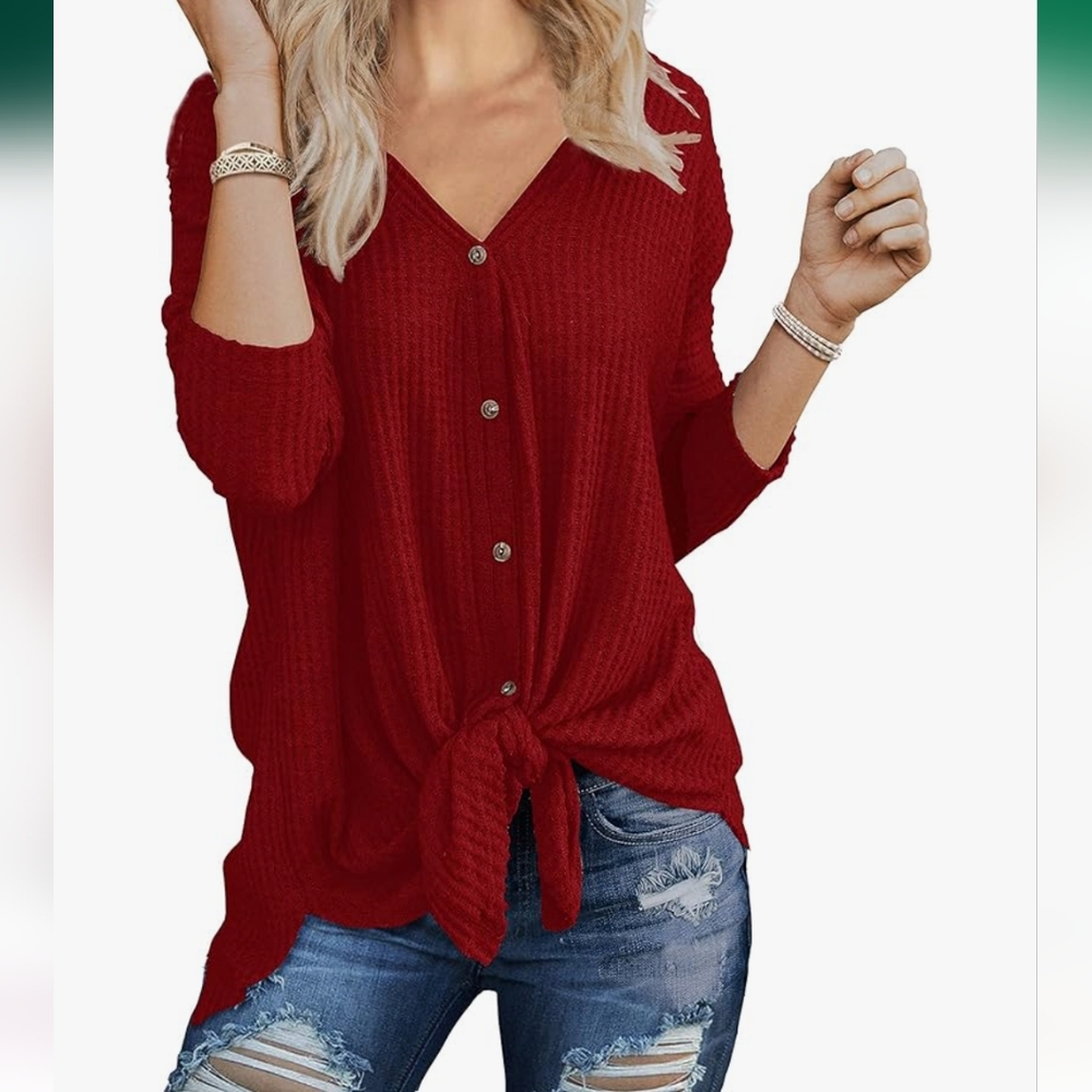 Amazon Red Waffle Knit Tie Knot Long Sleeve Button Down Top Size Medium